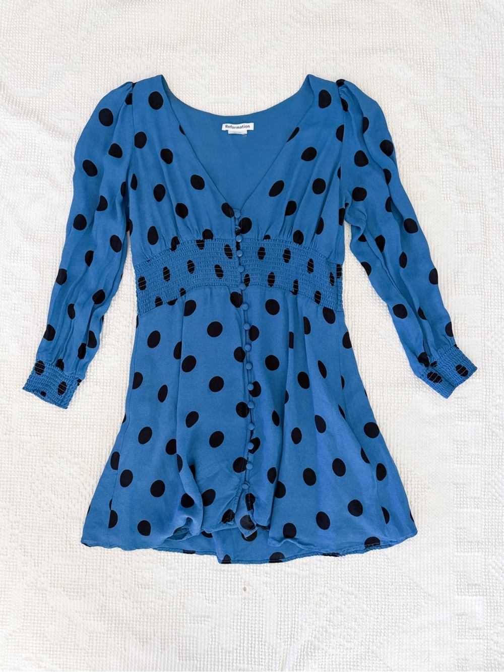 Reformation Alani Shirred Polka-Dot Georgette Mini Dress Blue and Black size 12